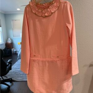 Chic Coral Long Sleeve Dress with Ruffle Collar